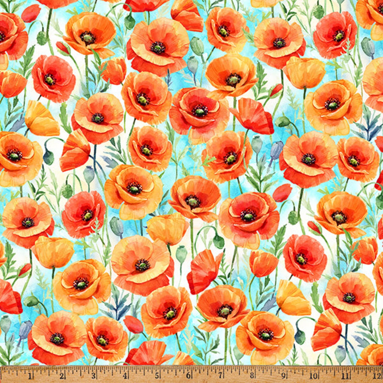 Fabric Hoffman Cream Poppy Flower Shoppe by the Quarter Yard W5477-224